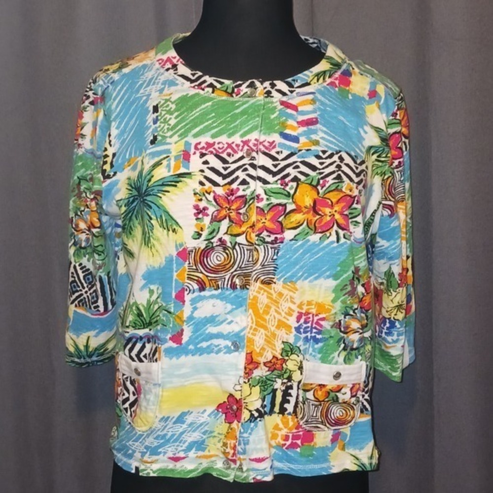 Onque Petite PXL‎ Colorful Tropical Floral Print 3/4 Sleeve Button Up Top
